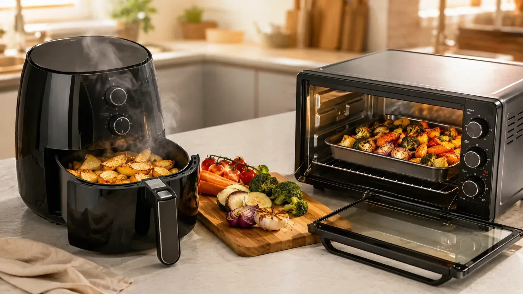 Air fryer ao lado de um forno elétrico sobre bancada de cozinha, comparação
