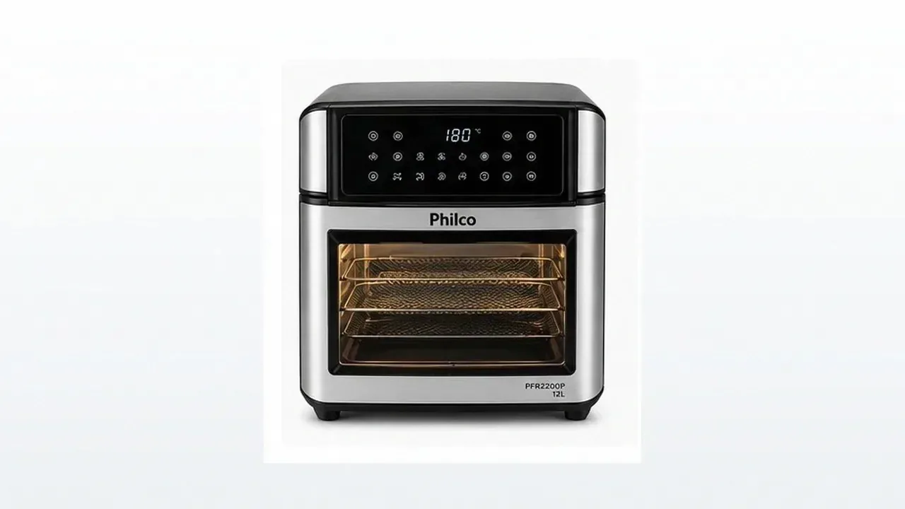 Air fryer Philco Oven modelo PFR2200P de 12 litros com porta de vidro sobre bancada