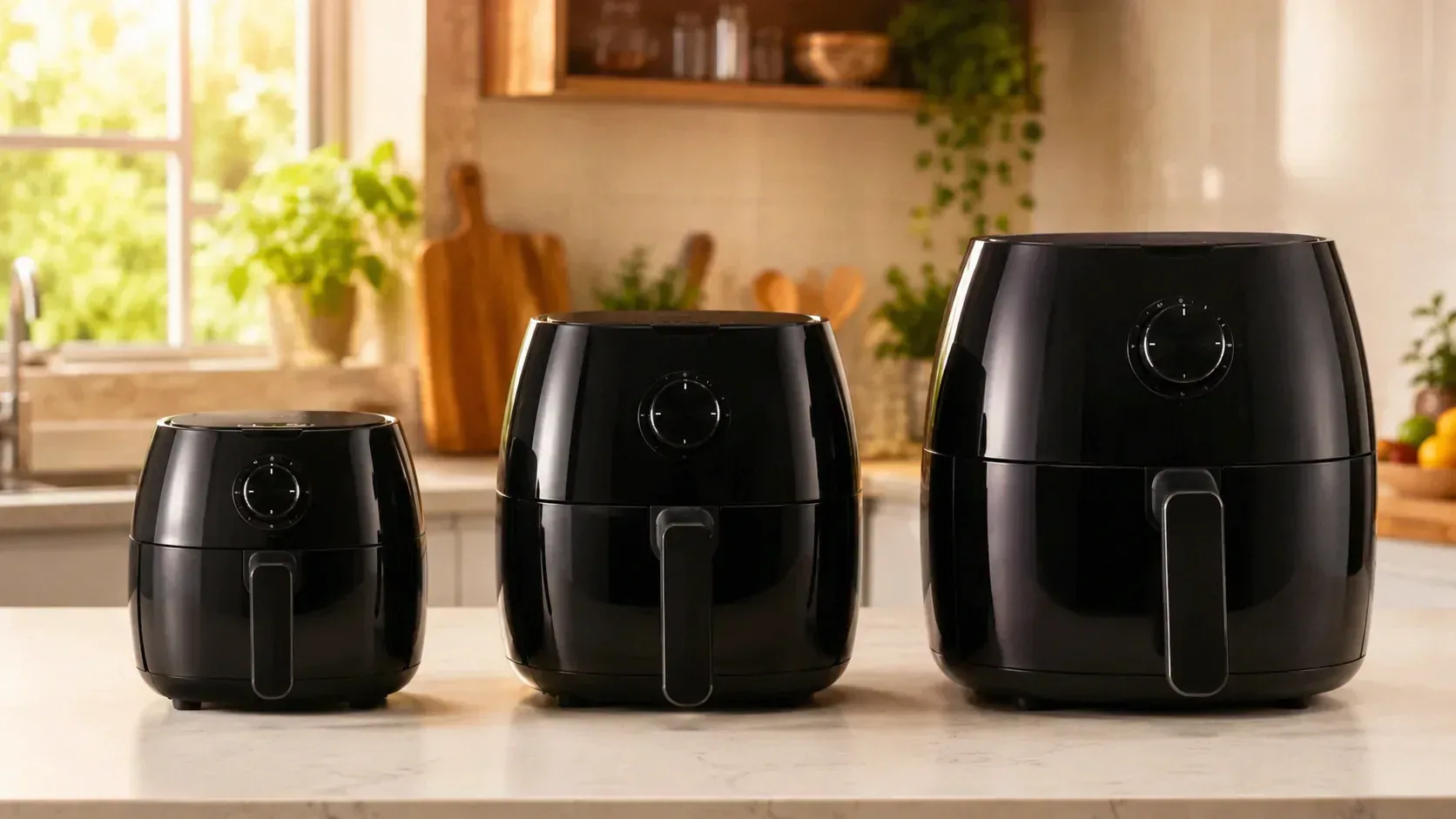 Air fryers de tamanhos diferentes lado a lado sobre bancada de cozinha