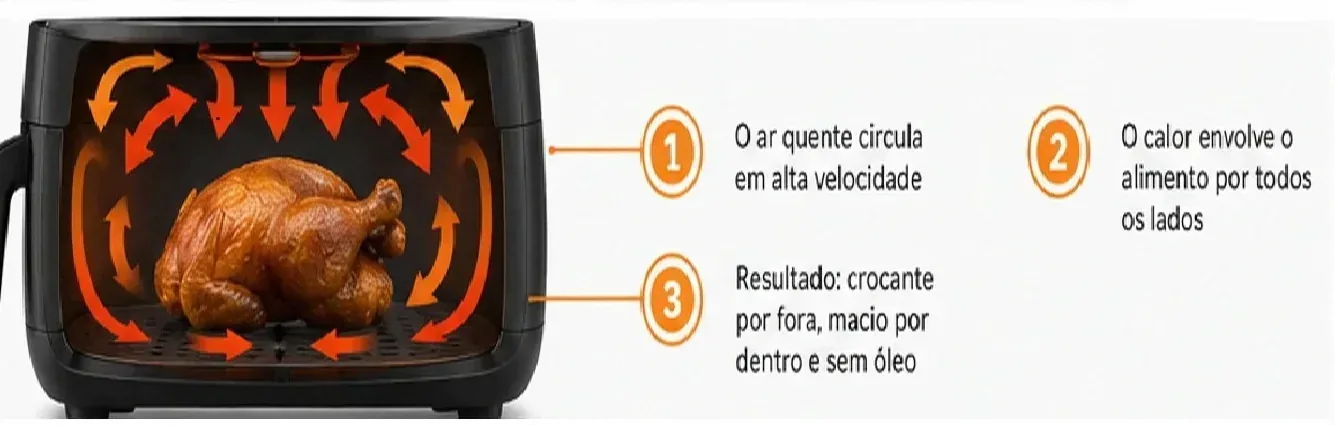 Ilustração mostrando o ar quente circulando dentro da air fryer para deixar o alimento crocante por fora e macio por dentro sem óleo