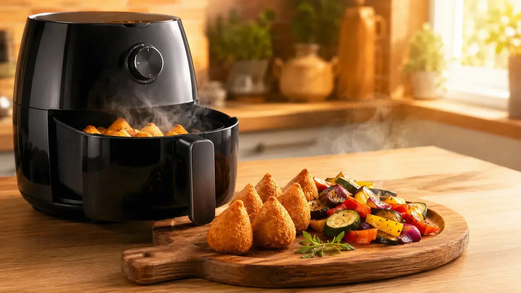Air fryer sobre bancada de cozinha com batatas fritas douradas feitas sem óleo