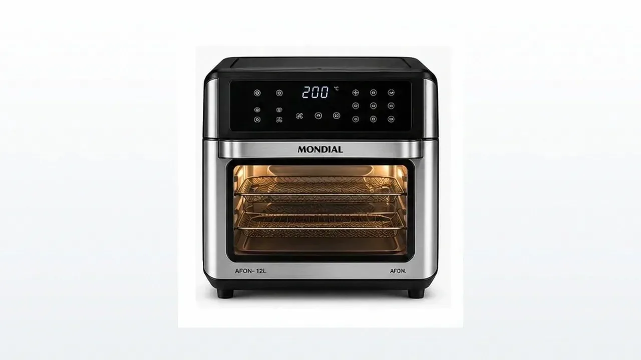 Air fryer forno oven de 12 litros com porta de vidro sobre bancada de cozinha