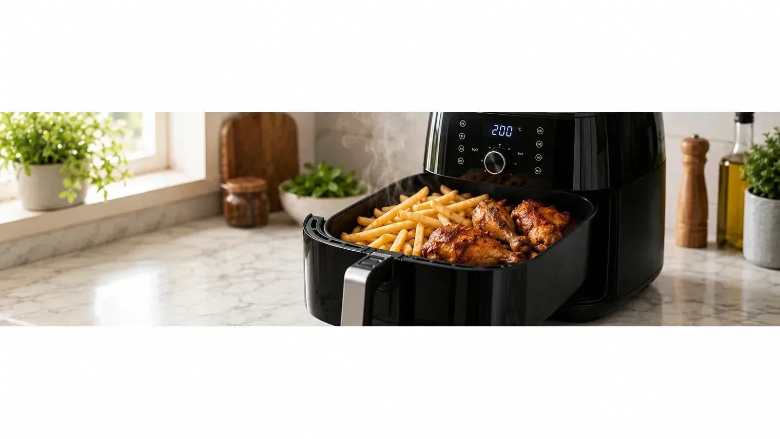Air fryer sobre bancada de cozinha com batatas fritas douradas feitas sem óleo