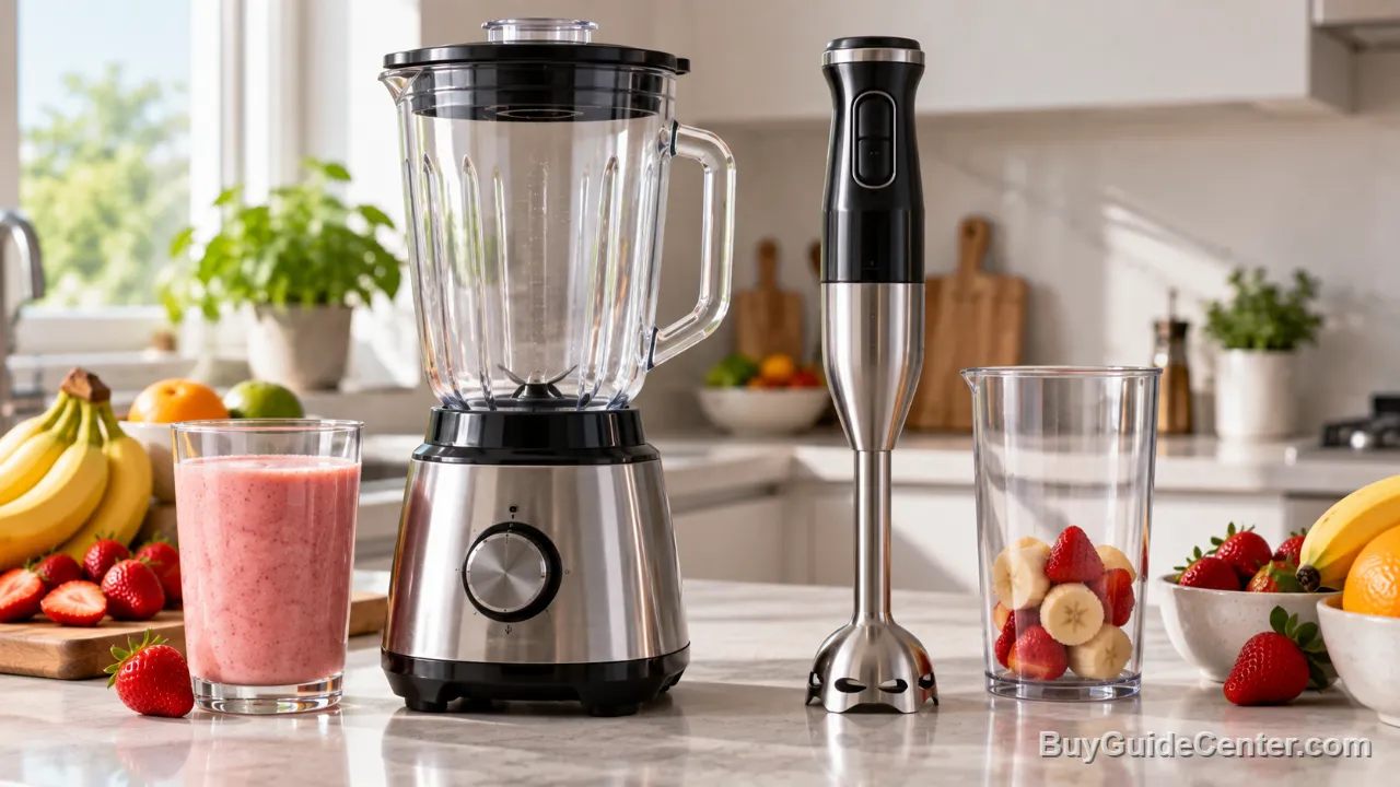 Liquidificador e mixer de mão lado a lado na bancada da cozinha