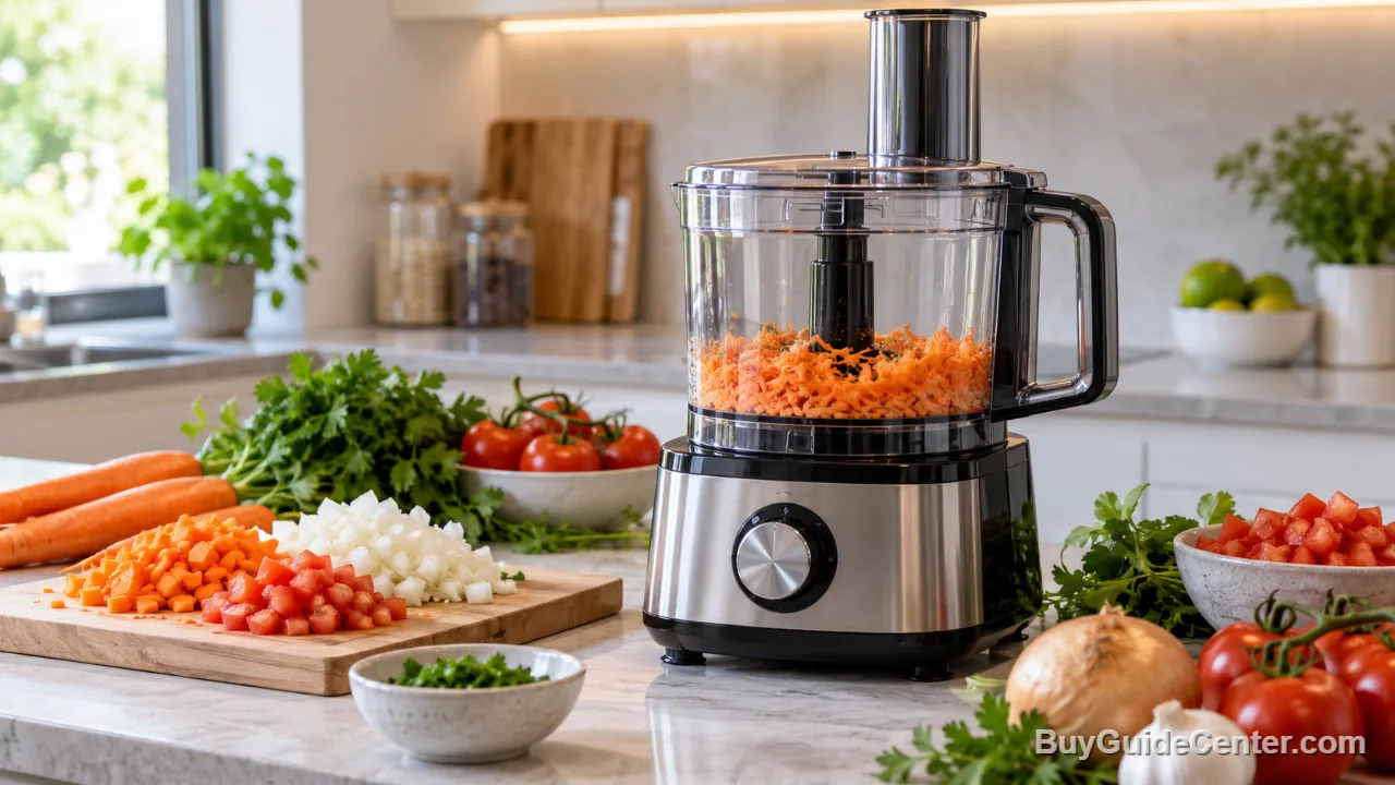 Processador de alimentos sobre a bancada da cozinha, cercado por legumes cortados