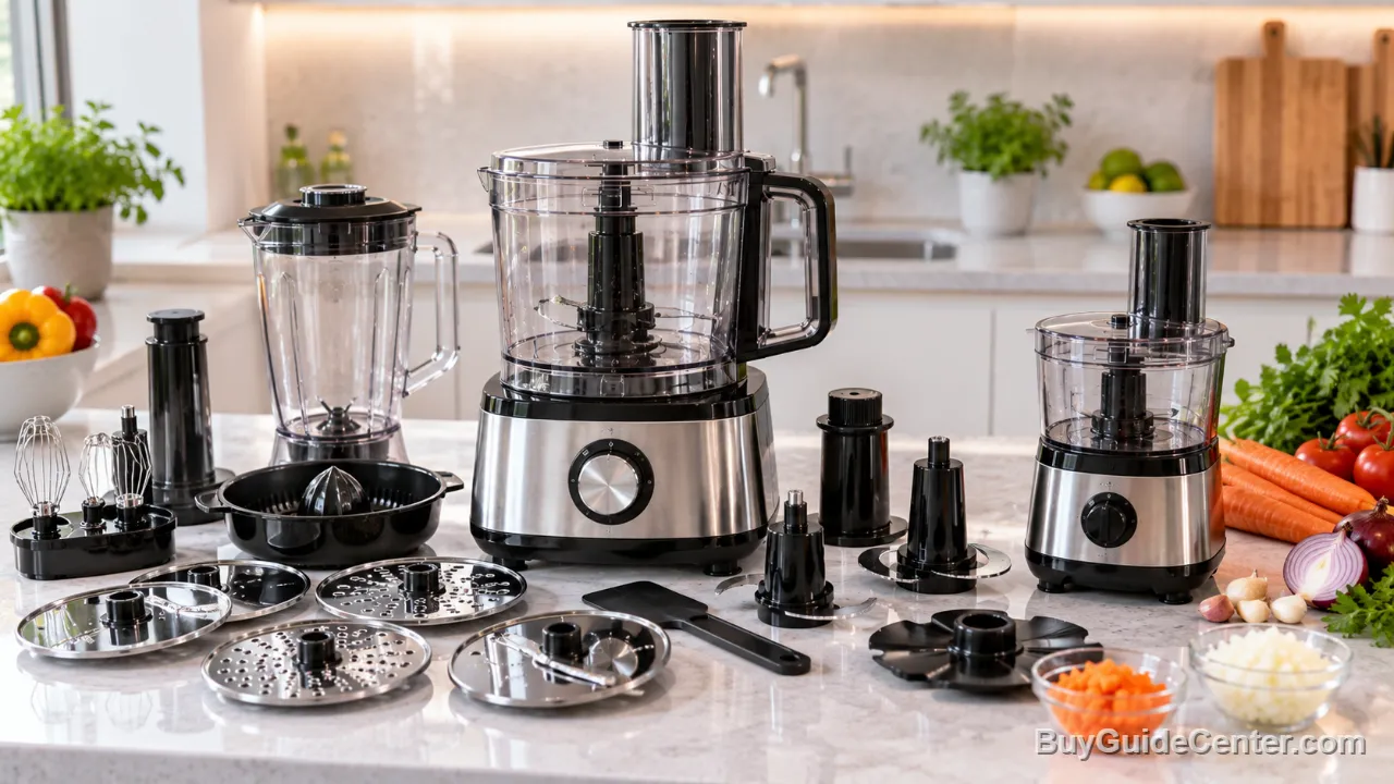 Multiprocessador com vários discos e acessórios ao lado de um processador simples