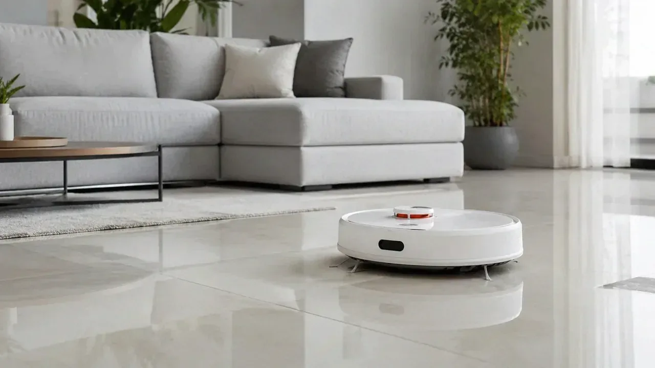 Robô aspirador barato limpando o chão de uma sala